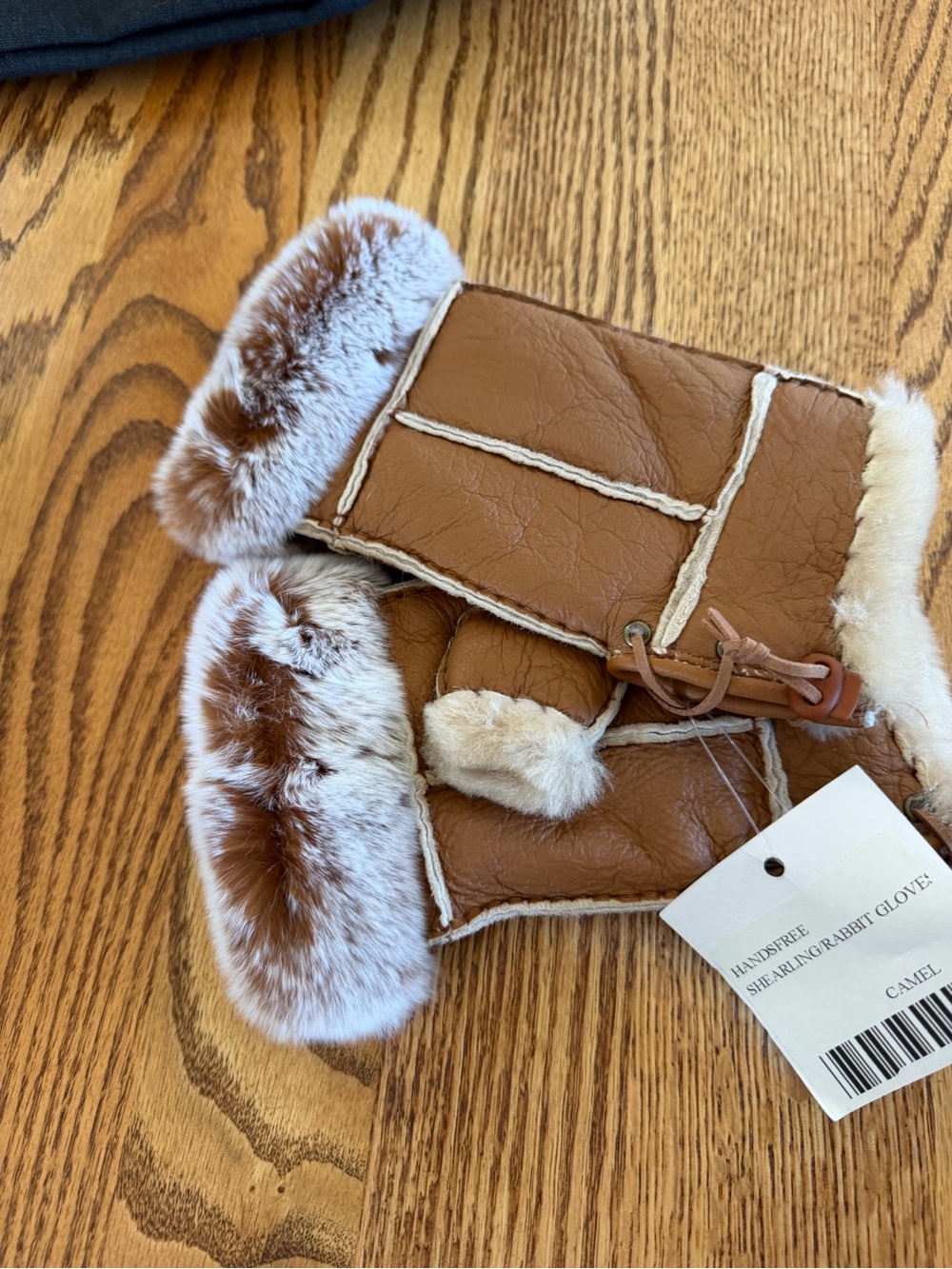 Camel Brown Kids Shearling Mittens with Fur Trim